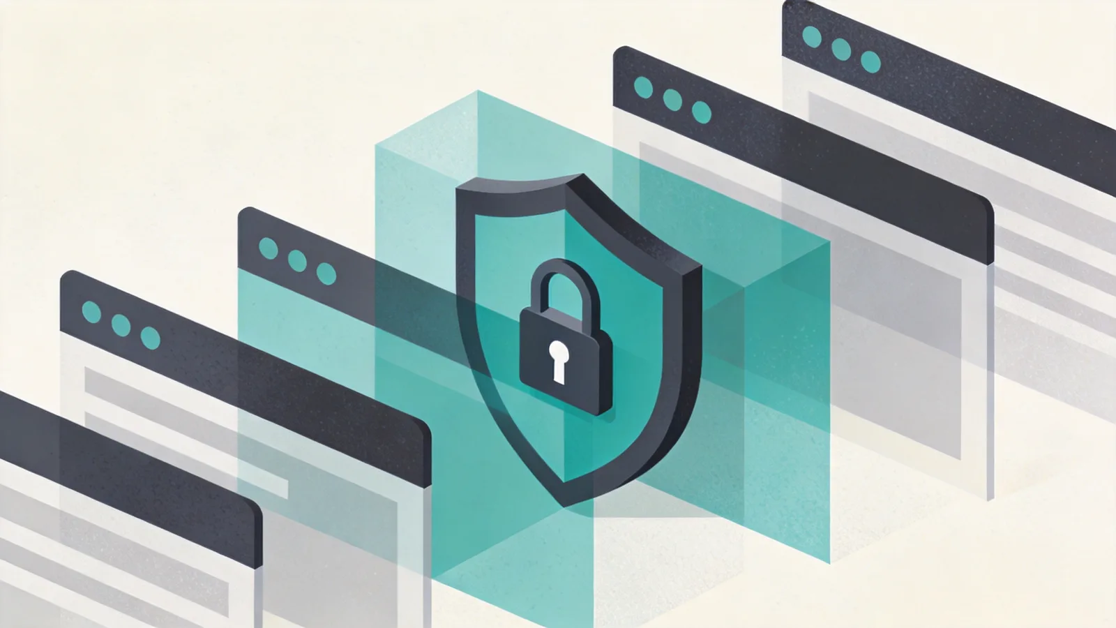 Illustration of a TLS padlock and layered security header shields